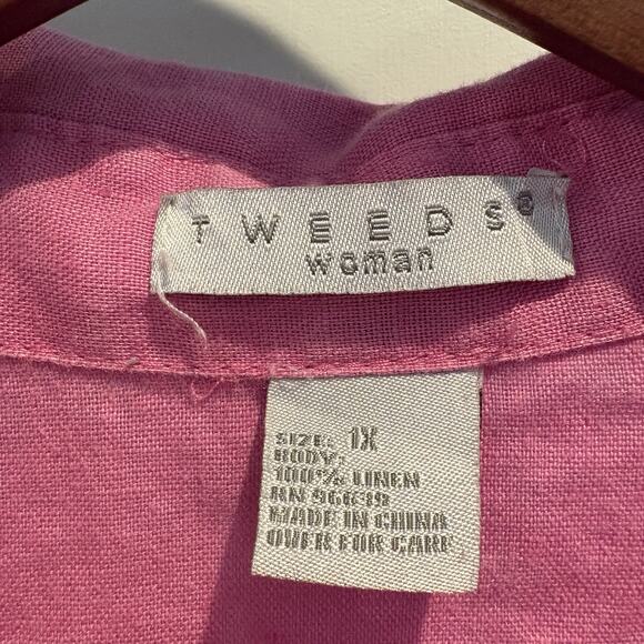 Tweeds Top Women 1X Pink Linen Button Up Lagenlook Boho Coastal Relaxed Flowy - Picture 2 of 12